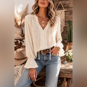 Sundance Silk Boho Peasant Blouse Size L Cream Tie Neck Embellished Bell Sleeve